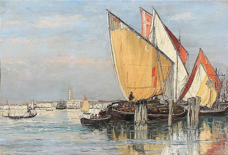 Venice Harbor Scene, vintage artwork by Emile Louis Vernier, 12x8" (A4) Poster