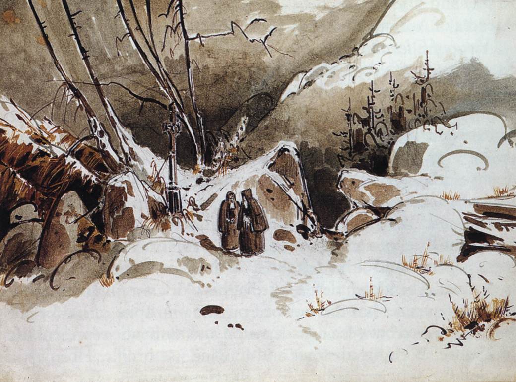 Alpine Pass in Winter with Monks, vintage artwork by Carl Blechen, A3 (16x12") Poster Print