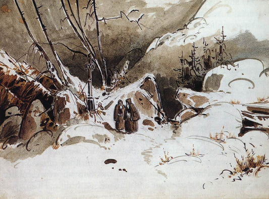 Alpine Pass in Winter with Monks, vintage artwork by Carl Blechen, A3 (16x12") Poster Print