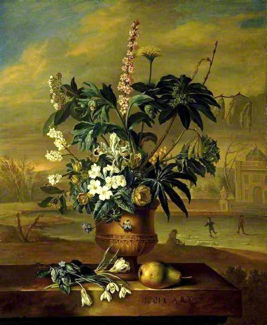 January. Twelve Months of Flowers, vintage artwork by Jan van Huysum, 12x8" (A4) Poster