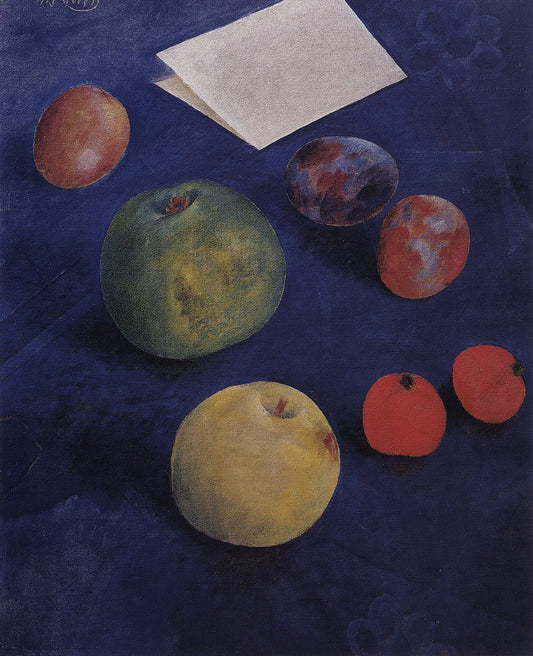 Fruit on a Blue Tablecloth, vintage artwork by Kuzma Petrov-Vodkin, 12x8" (A4) Poster
