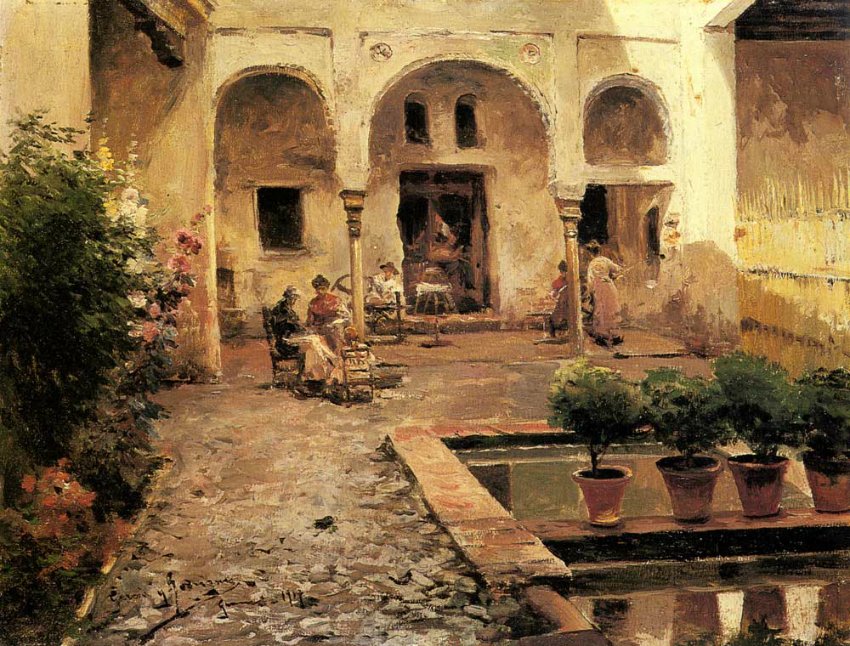 Figures in a Spanish Courtyard by Manuel Garcia y Rodriguez,A3(16x12")Poster