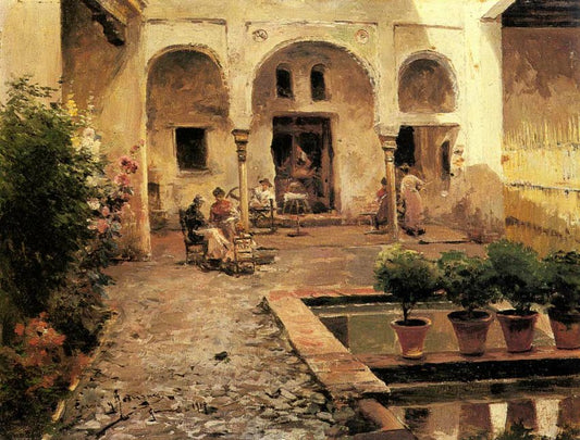 Figures in a Spanish Courtyard by Manuel Garcia y Rodriguez,A3(16x12")Poster