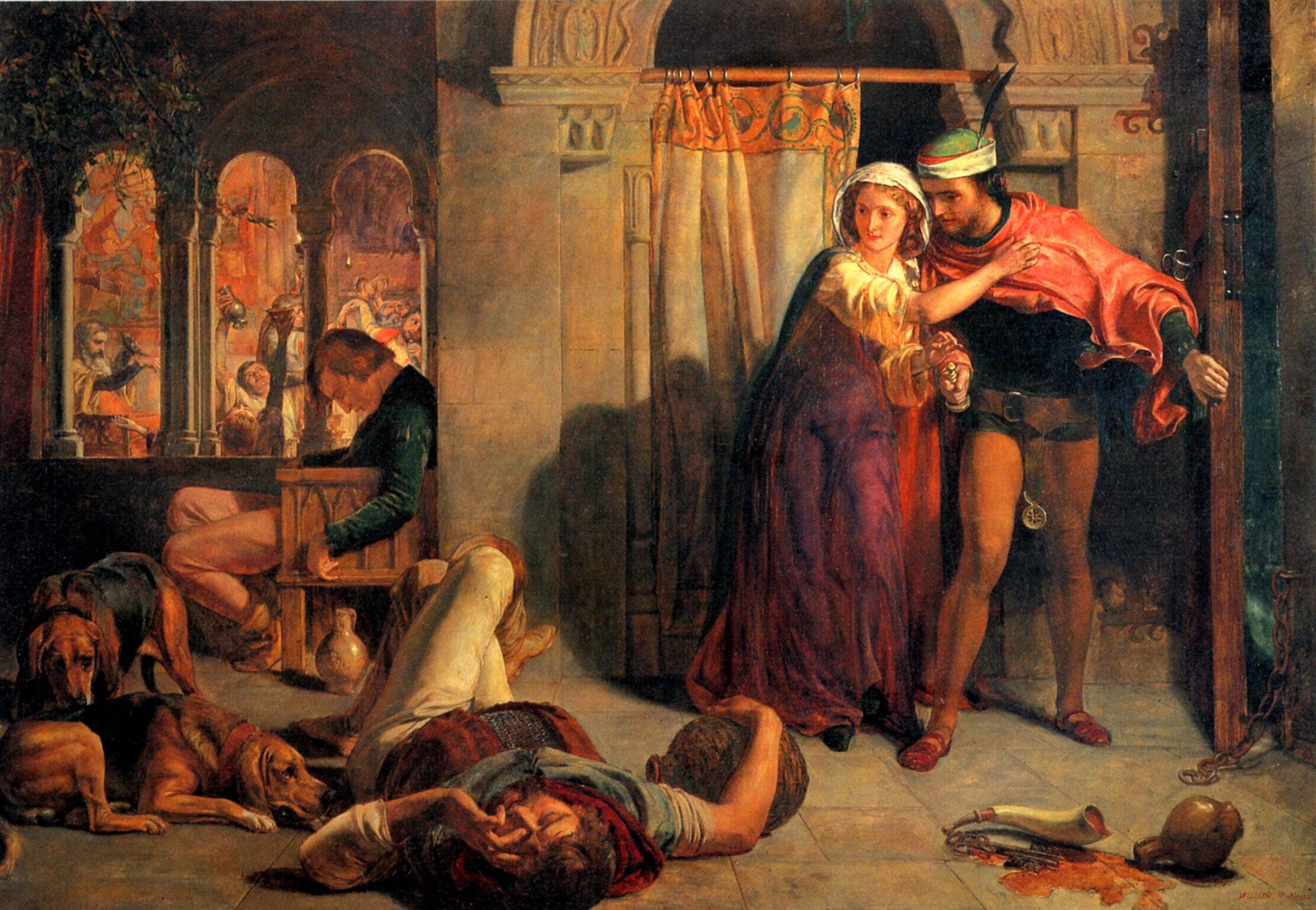 The Eve of St. Agnes: The Flight of Madeleine and Porphyro during the Drunkenness attending the Revelry, vintage artwork by William Holman Hunt, 12x8" (A4) Poster