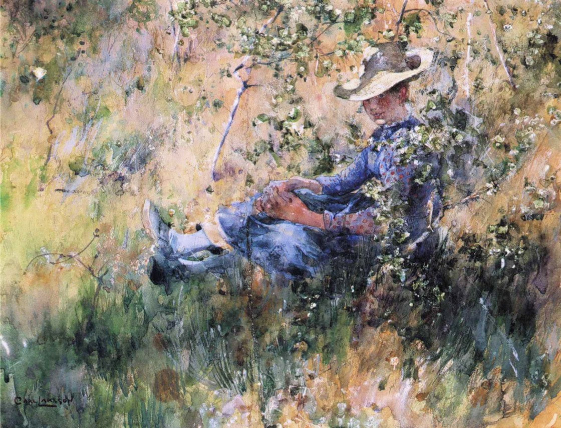 Girl by  a Flowering Hawthorn Bush, vintage artwork by Carl Larsson, 12x8" (A4) Poster
