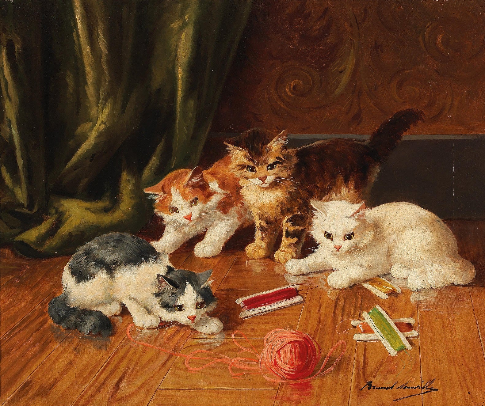 cats playing, vintage artwork by Alfred Brunel de Neuville, 12x8" (A4) Poster