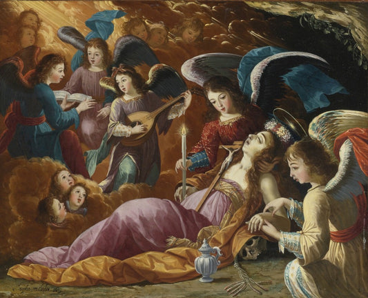 Penitent Magdalen Comforted by  Angels, vintage artwork by Josefa de Ayala y Obidos, 12x8" (A4) Poster