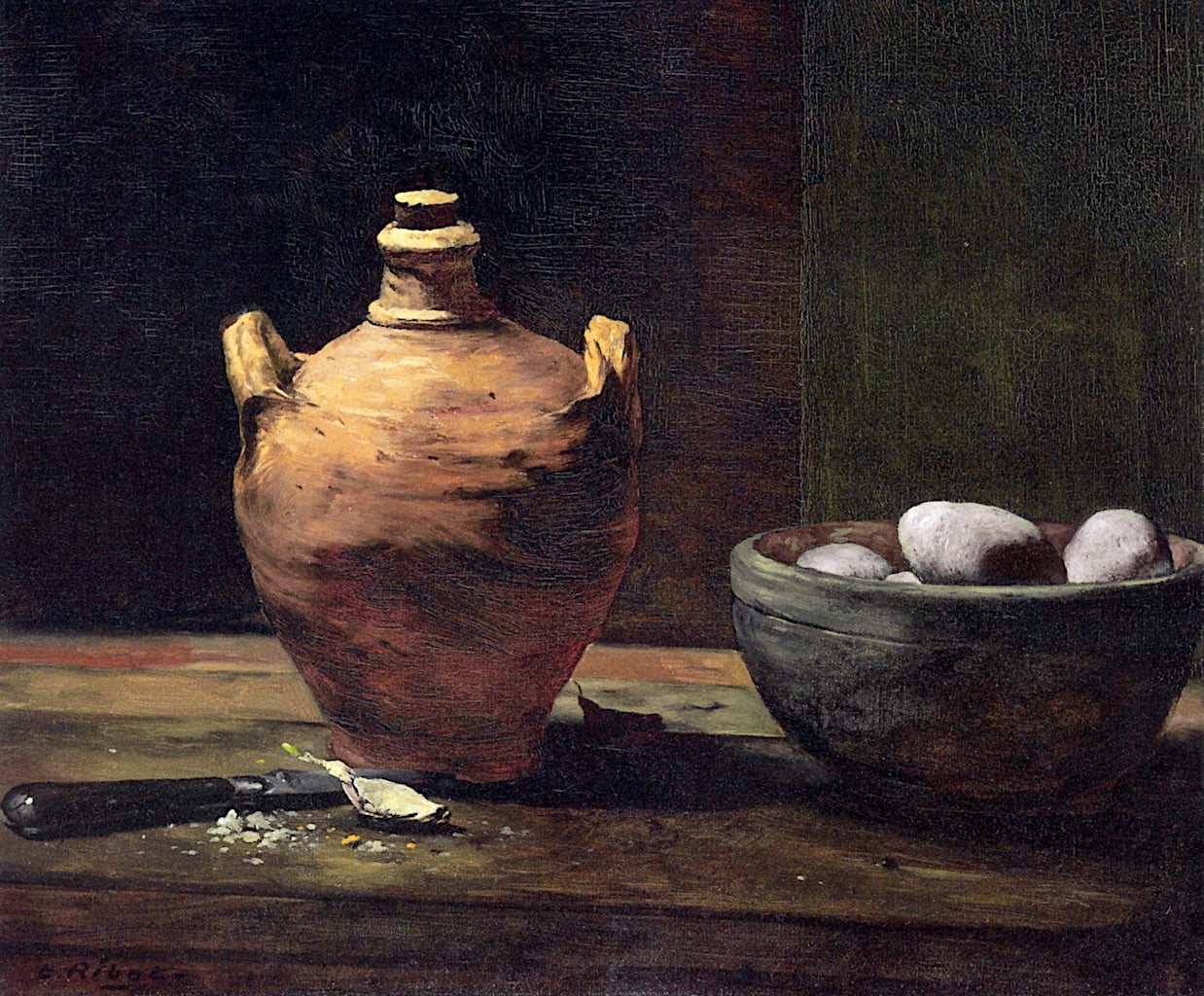 Still Life with Eggs, Garlic, and a Ceramic Jug, vintage artwork by Theodule-Augustin Ribot, 12x8" (A4) Poster