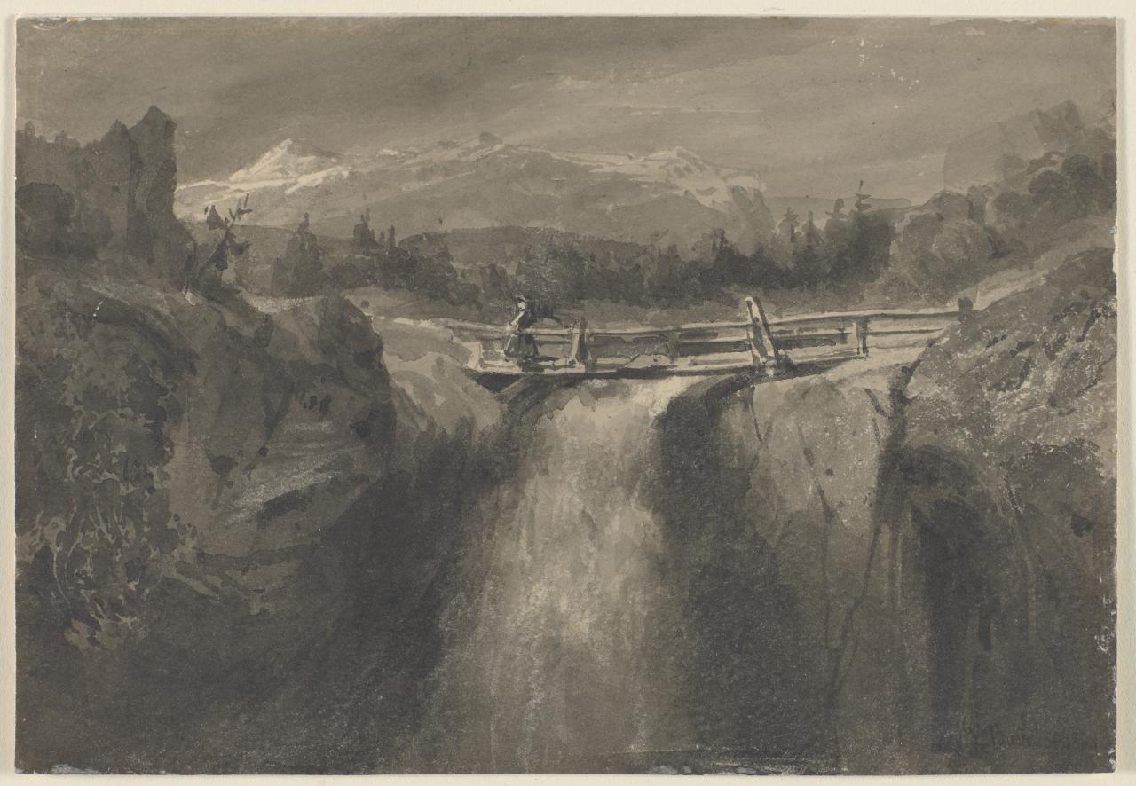 Waterfall and Bridge, vintage artwork by Louis Buvelot, A3 (16x12") Poster Print