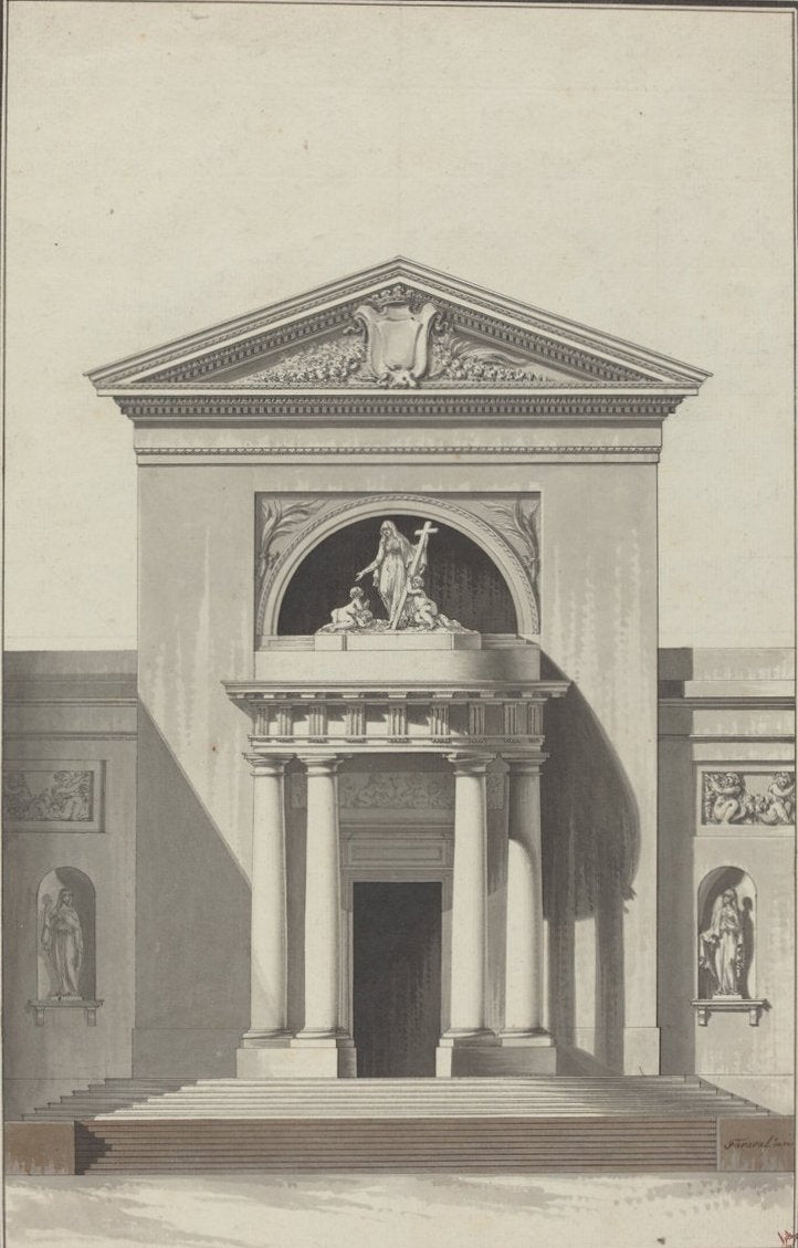 Facade for a Church with a Sculpture Representing Faith, vintage artwork by Louis-Gustave Taraval, 12x8" (A4) Poster