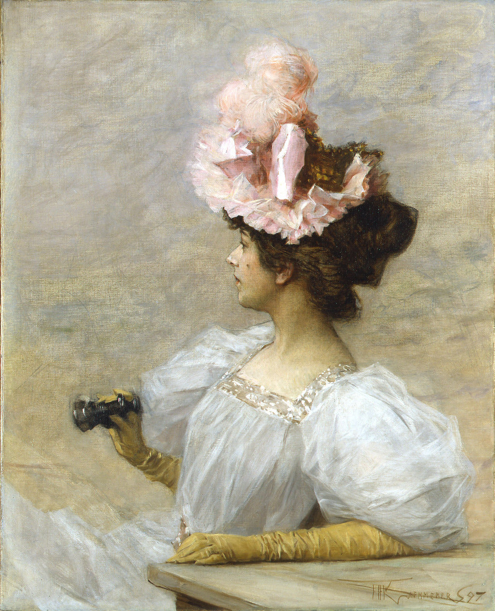 Woman with Opera Glasses, vintage artwork by Frederik Henrdik Kaemmerer, 12x8" (A4) Poster