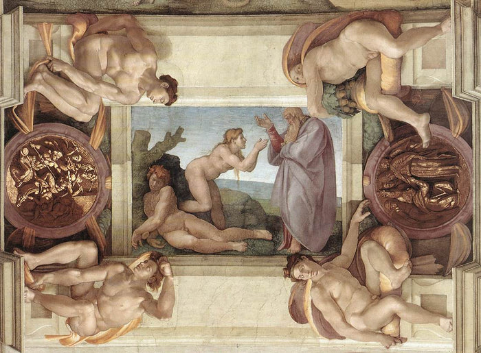 Creation of Eve (with ignudi and medallions), vintage artwork by Michelangelo, A3 (16x12