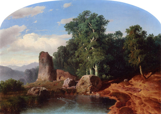 Mountain Landscape with Ruins, vintage artwork by Louis Remy Mignot, 12x8" (A4) Poster