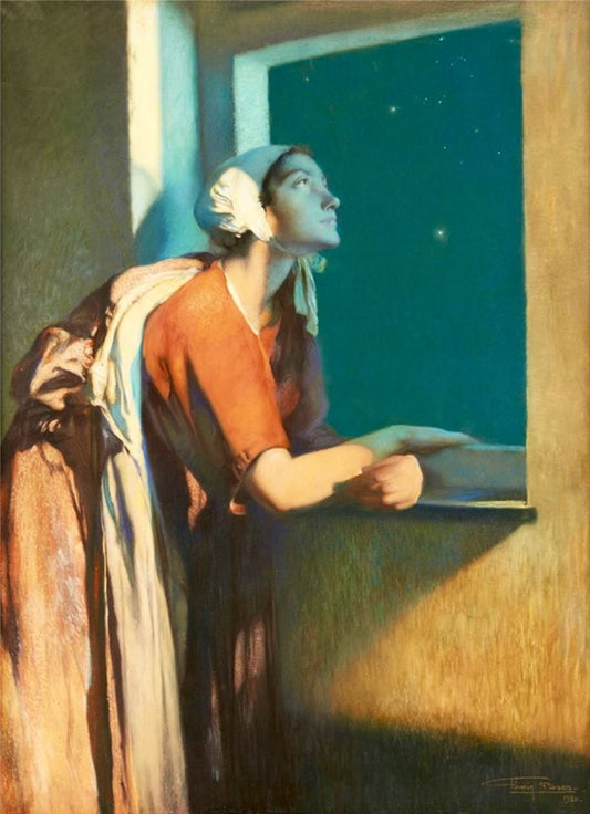 Young Woman Looking at the Stars, vintage artwork by Firmin Baes, 12x8" (A4) Poster