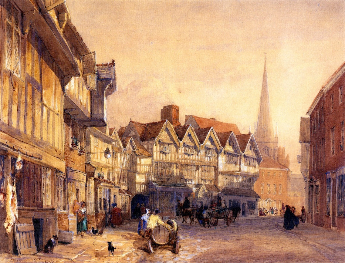 Butcher's Row, Hereford, vintage artwork by David Cox, 12x8" (A4) Poster
