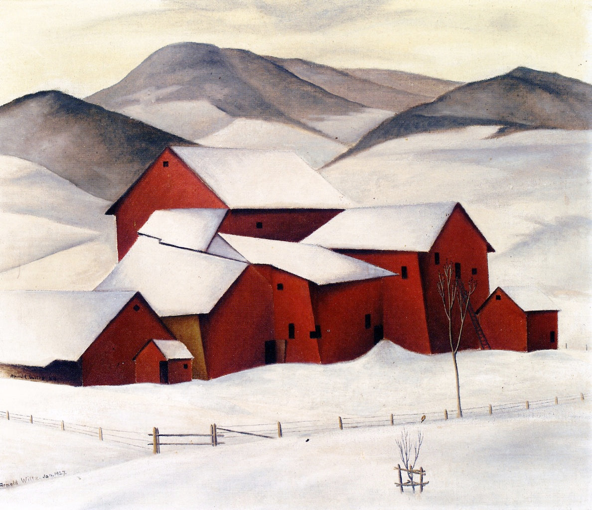 Farm in a Winter Landscape, vintage artwork by Arnold Wiltz, 12x8" (A4) Poster