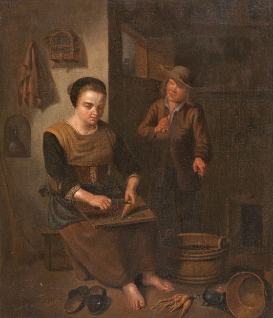 Kitchen Interior with Woman and Child, vintage artwork by Peeter Snyers, 12x8" (A4) Poster