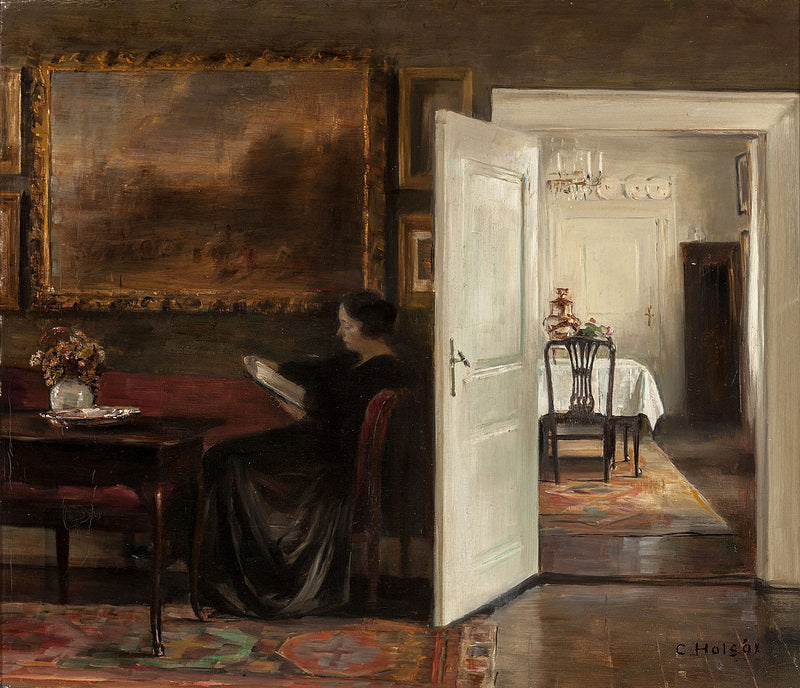 Reading on a Quiet Afternoon, vintage artwork by Carl Vilhelm Holsøe, 12x8" (A4) Poster