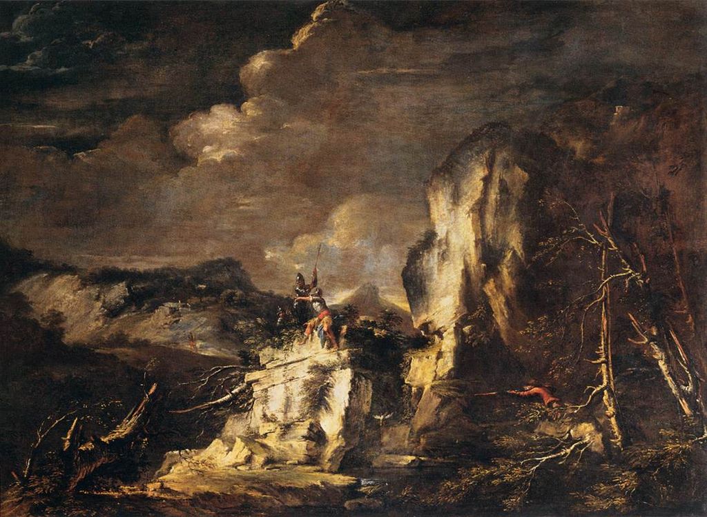Rocky Landscape with Huntsman, vintage artwork by Salvator Rosa, 12x8" (A4) Poster