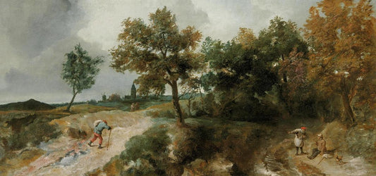 Hilly Landscape with Resting Peasants, vintage artwork by Jan Lievens, 12x8" (A4) Poster