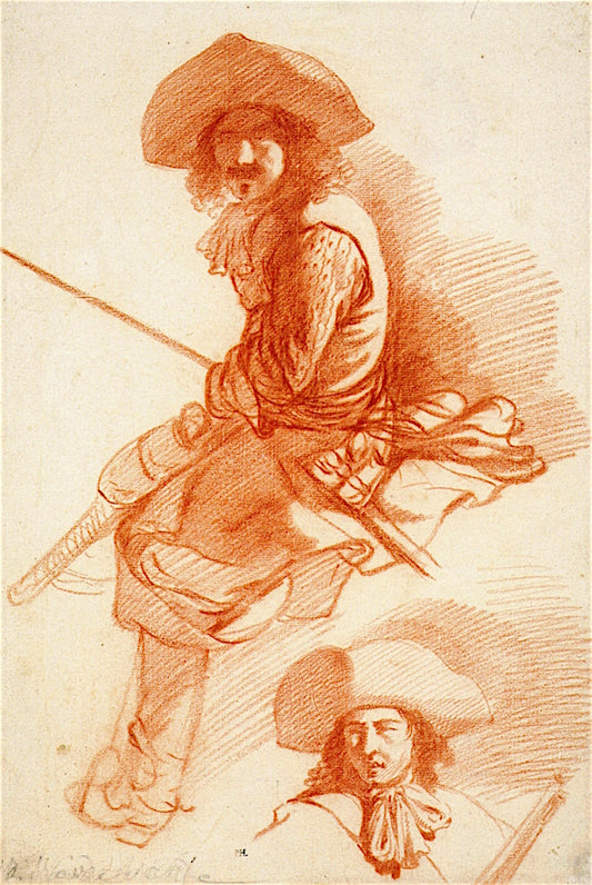 A Mounted Horseman with a Study of a Head and Shoulders below, vintage artwork by Dirck van den Bergen, 12x8" (A4) Poster