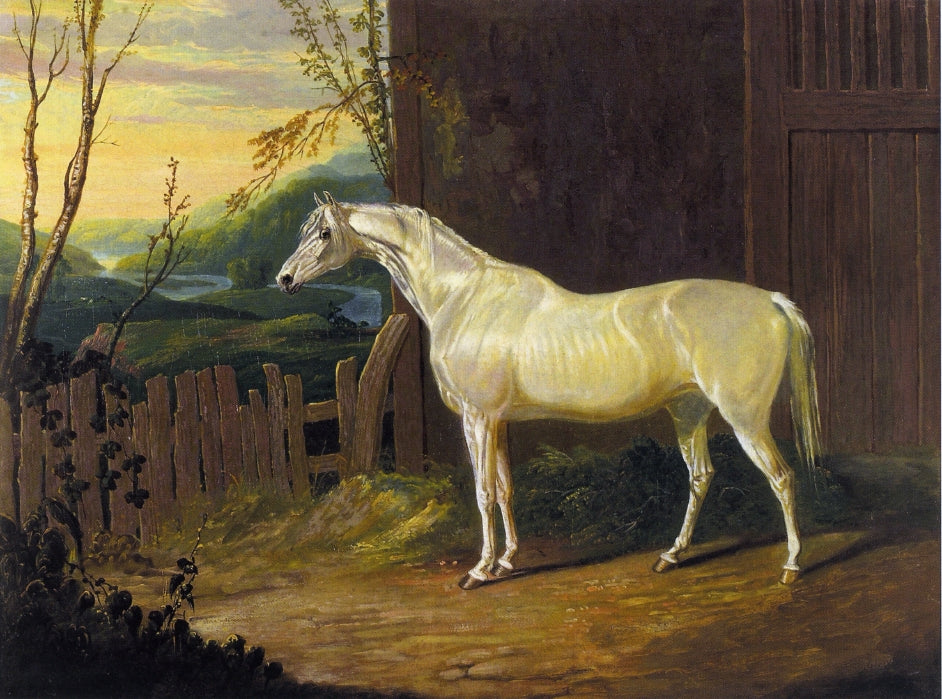 A Gray Arab Mare outside a Stable in an Extensive River Landscape, vintage artwork by John Frederick Herring, Sr, A3 (16x12") Poster Print