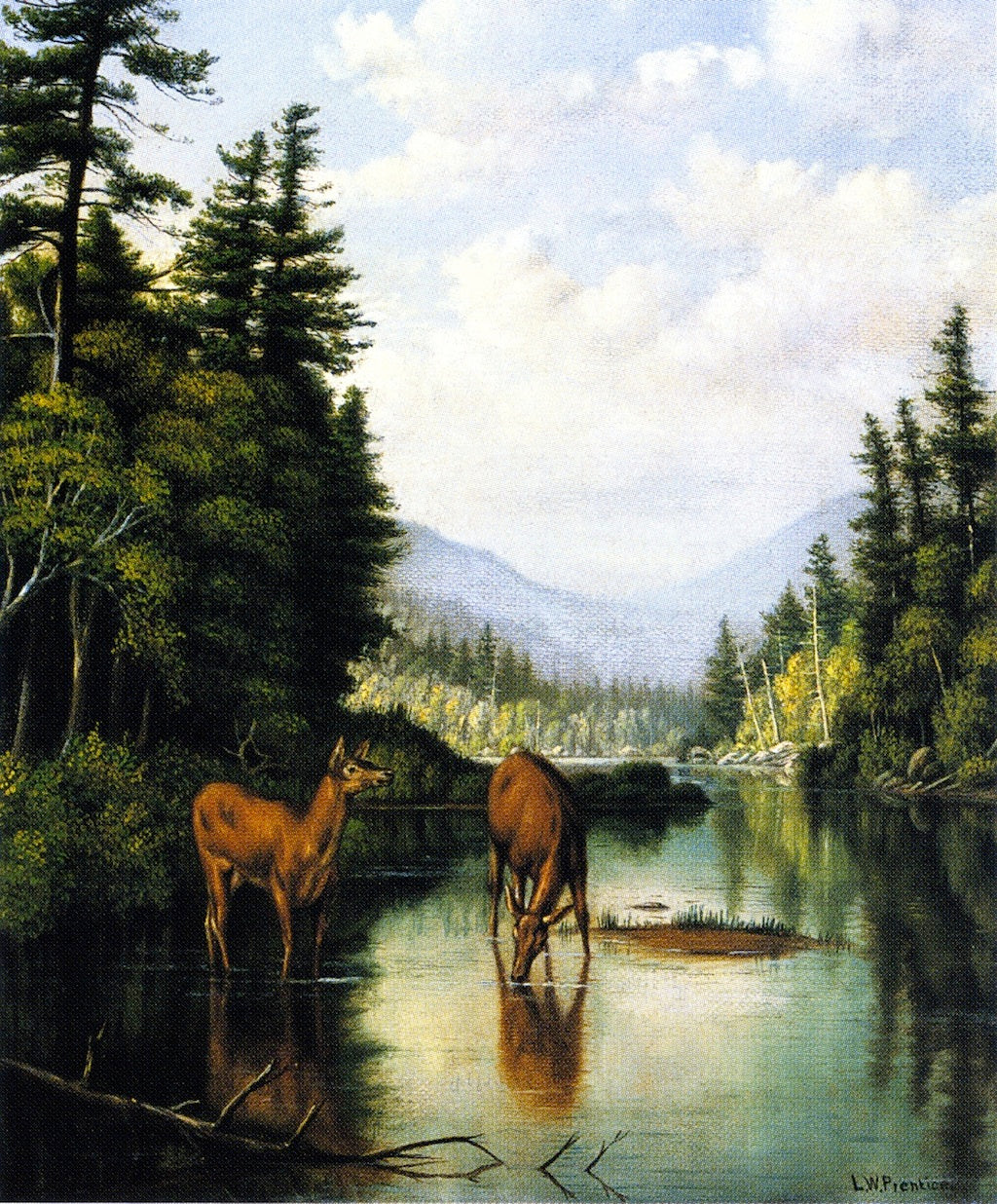 Deer in Mountain Brook, vintage artwork by Levi Wells Prentice, 12x8" (A4) Poster