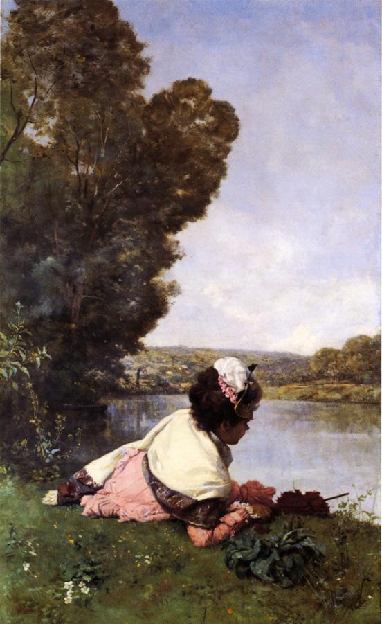 Afternoon by  the Seine, vintage artwork by Ferdinand Heilbuth, 12x8" (A4) Poster