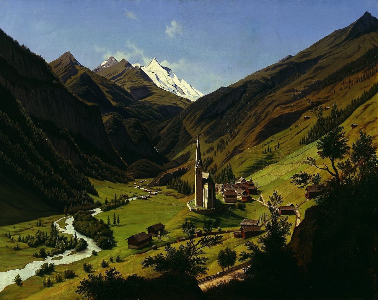 The village Heiligenblut Grossglockner in the background, vintage artwork by Hubert Sattler, A3 (16x12") Poster Print