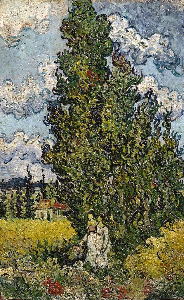 Cypresses with Two Women, vintage artwork by Vincent van Gogh, 12x8
