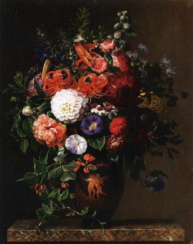 Lilies, Peonies, Violets and Roses in a Greek Figure Vase on a Marble Pedestal, vintage artwork by Johan Laurentz (J.L.) Jensen, A3 (16x12") Poster Print