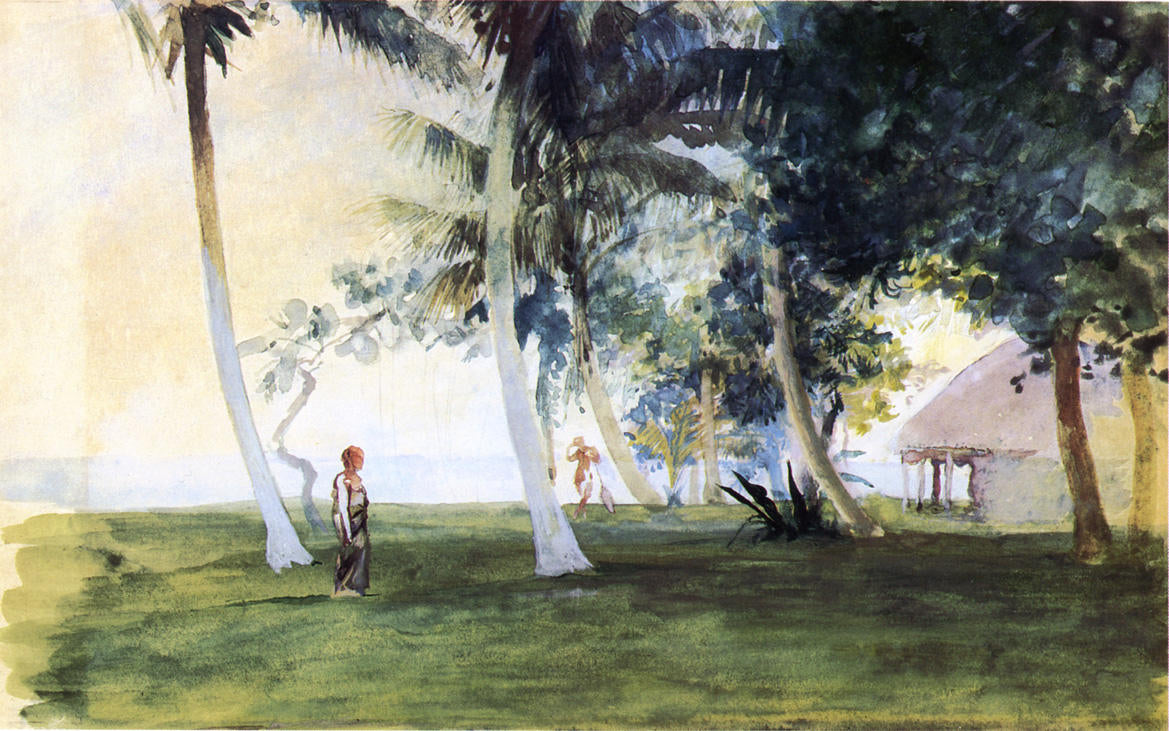 At Dawn, In Front of Our House at vaiala, Upolu, Samoa, vintage artwork by John La Farge, 12x8" (A4) Poster