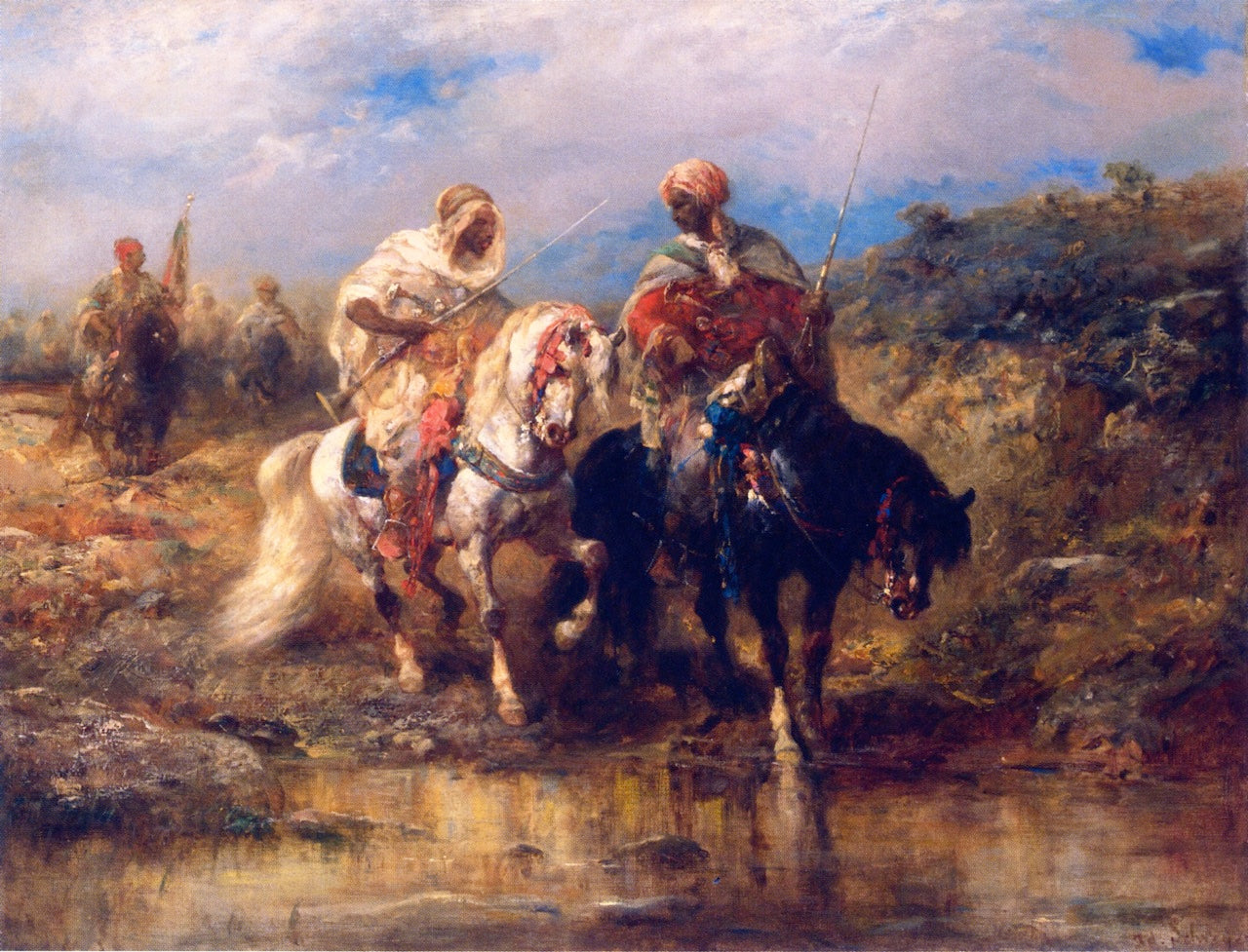 Horseman at a Watering Hole, vintage artwork by Adolf Christian Schreyer, 12x8" (A4) Poster