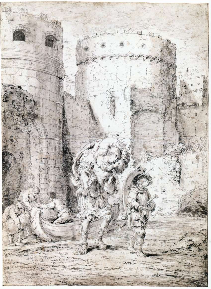 Anchias Fleeing Troy with His Father and Son, vintage artwork by Leonaert Bramer, 12x8" (A4) Poster