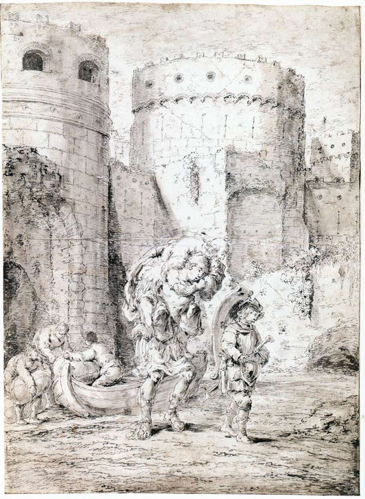 Anchias Fleeing Troy with His Father and Son, vintage artwork by Leonaert Bramer, 12x8" (A4) Poster