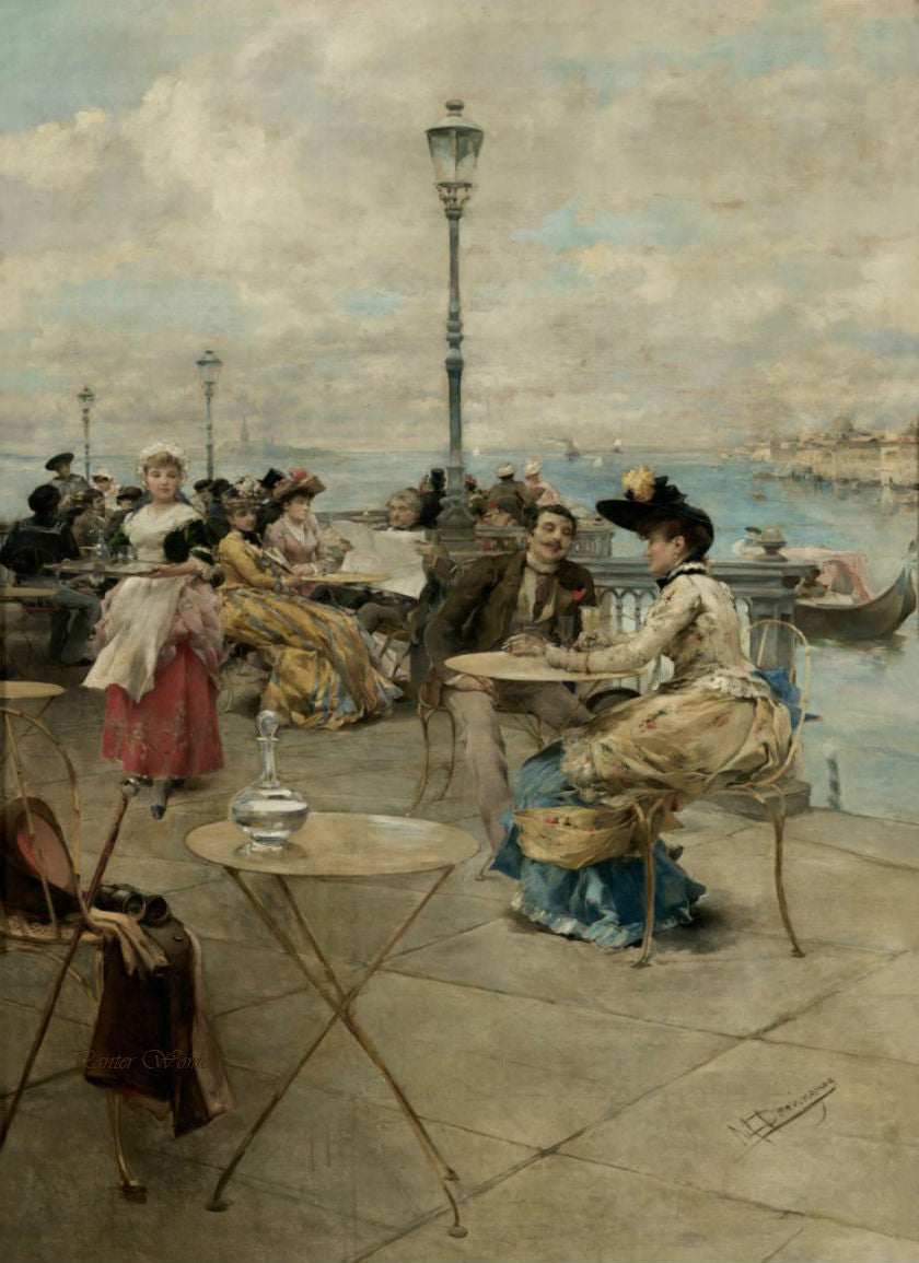 Cafe in Venice, vintage artwork by Manuel Domínguez Sánchez, 12x8" (A4) Poster