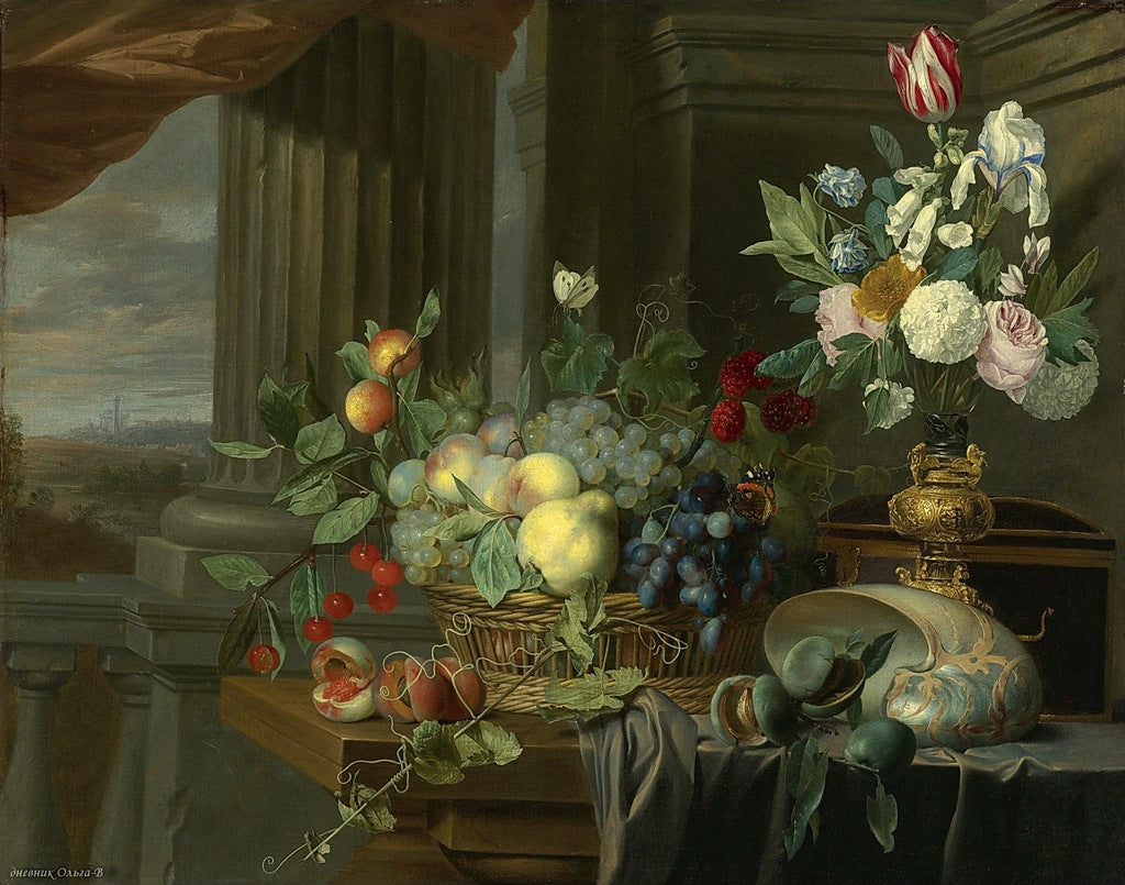 Still Life of a Basket of Fruit, Flowers in a Gilt Vase, a Nautilus Shell..., vintage artwork by Carstian Luyckx, 12x8" (A4) Poster