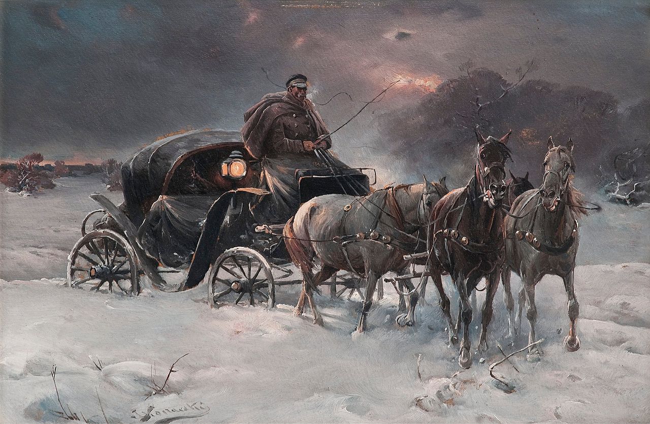 Traveller on a Winter Night, vintage artwork by Alfred von Wierusz-Kowalski, 12x8" (A4) Poster