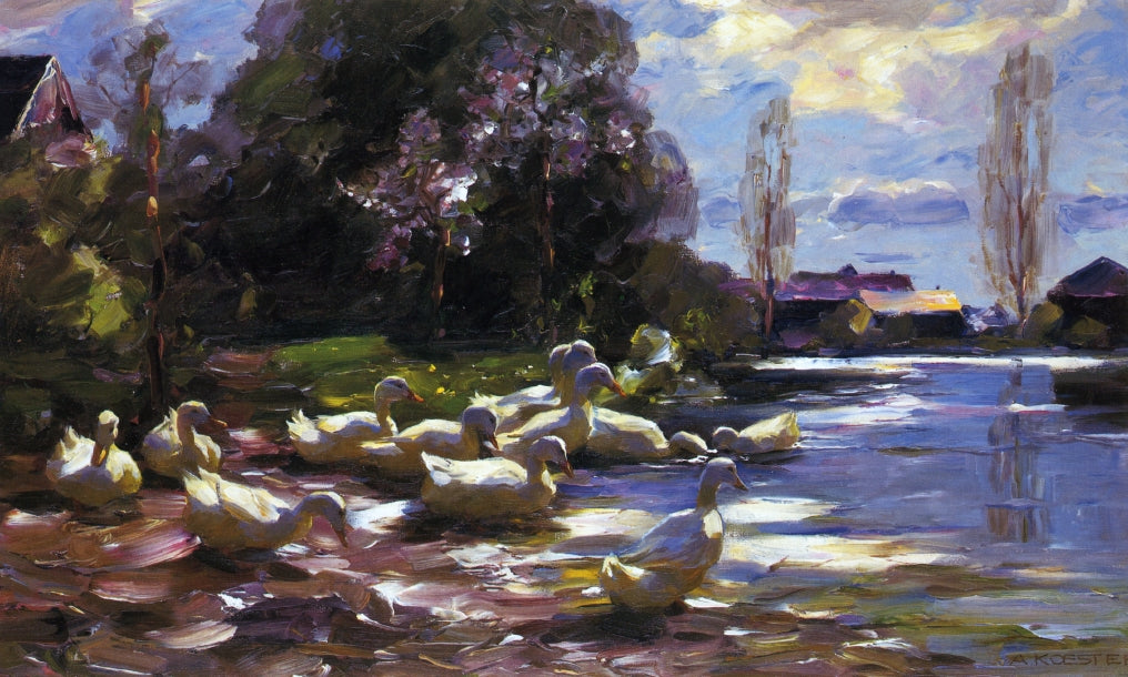 Twelve Ducks Setting Out, vintage artwork by Alexander Koester, 12x8" (A4) Poster