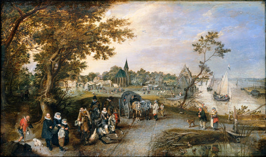 Landscape with figures and a village fair, vintage artwork by Adriaen van de Venne, 12x8" (A4) Poster