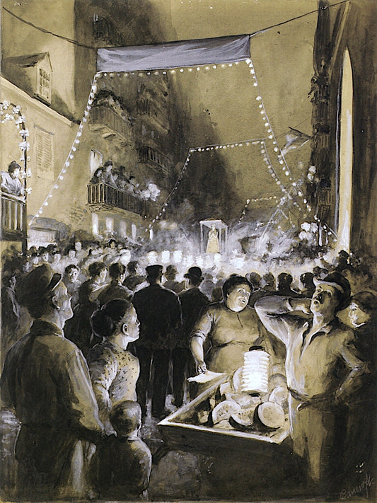 Italian Fête, Elizabeth Street, vintage artwork by Milton Bancroft, 12x8" (A4) Poster