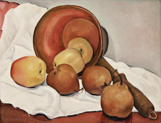 Still life with Anjou pears, apples and copper pot, vintage artwork by Rinaldo Cuneo, 12x8" (A4) Poster
