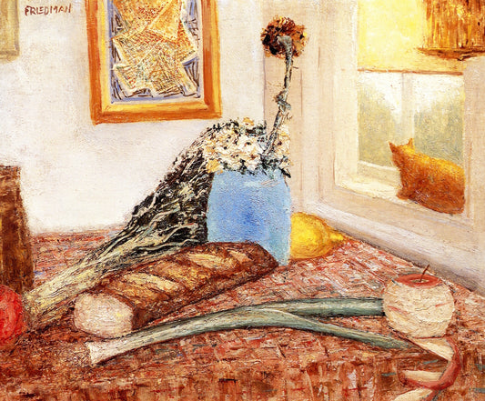 Table with Flowers, Bread, Vegetables and Fruit, vintage artwork by Arnold Friedman, 12x8" (A4) Poster