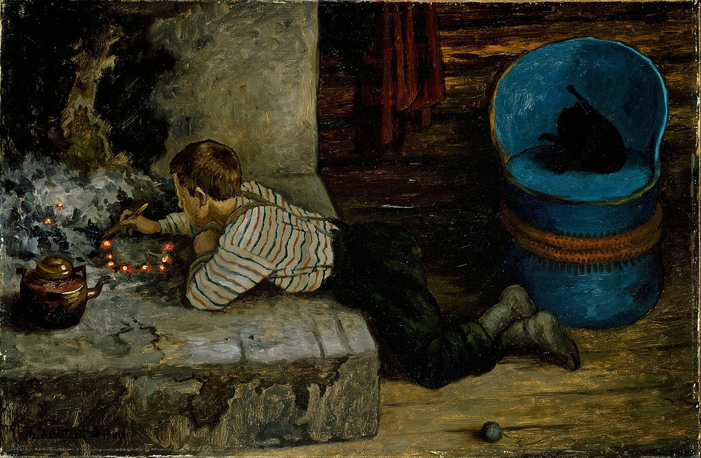 The Ash Lad poking in the Ashes, vintage artwork by Theodor Severin Kittelsen, 12x8" (A4) Poster
