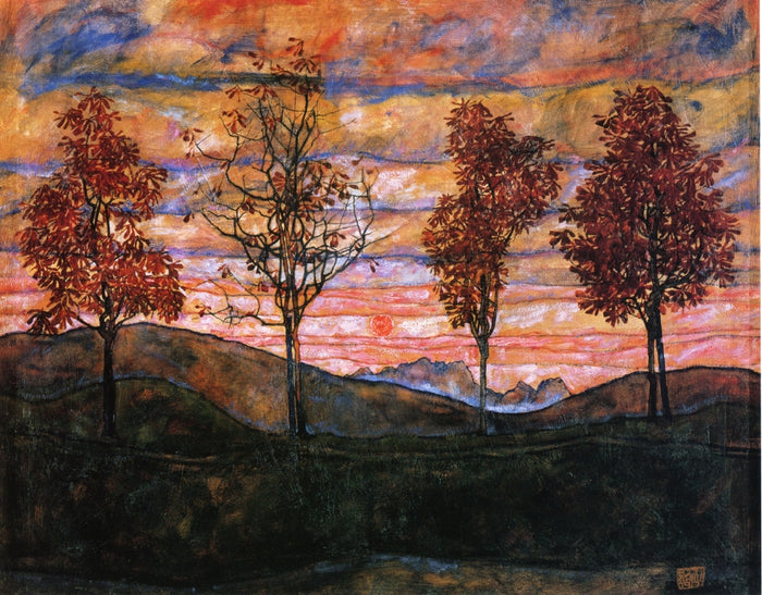Four Trees, vintage artwork by Egon Schiele, 12x8