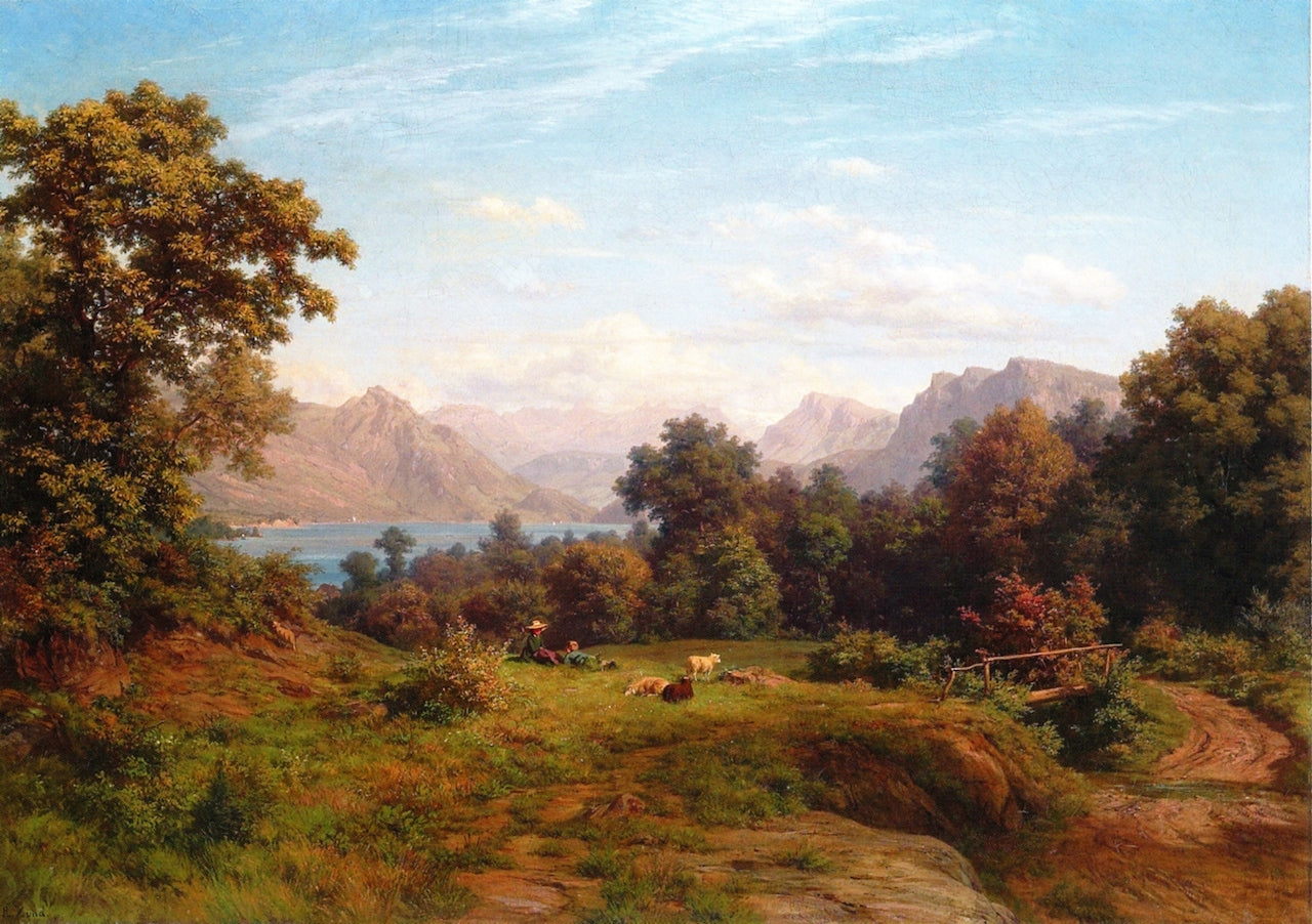 Overlooking Lake Lucerne, vintage artwork by Robert Zünd, 12x8" (A4) Poster