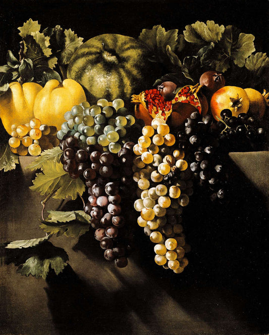 Still Life with Fruit (Grapes, Quinces, a Watermelon, and Pomegranates, vintage artwork by Master of the Acquavella, 12x8" (A4) Poster