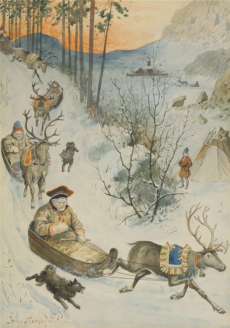 The Sami Riding Sledges, vintage artwork by Jenny Nyström, 12x8" (A4) Poster