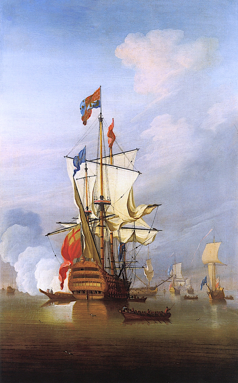 The First-Rate Ship 'Royal Sovereign', Stern Quarter View, in a Calm, vintage artwork by Peter Monamy, 12x8" (A4) Poster