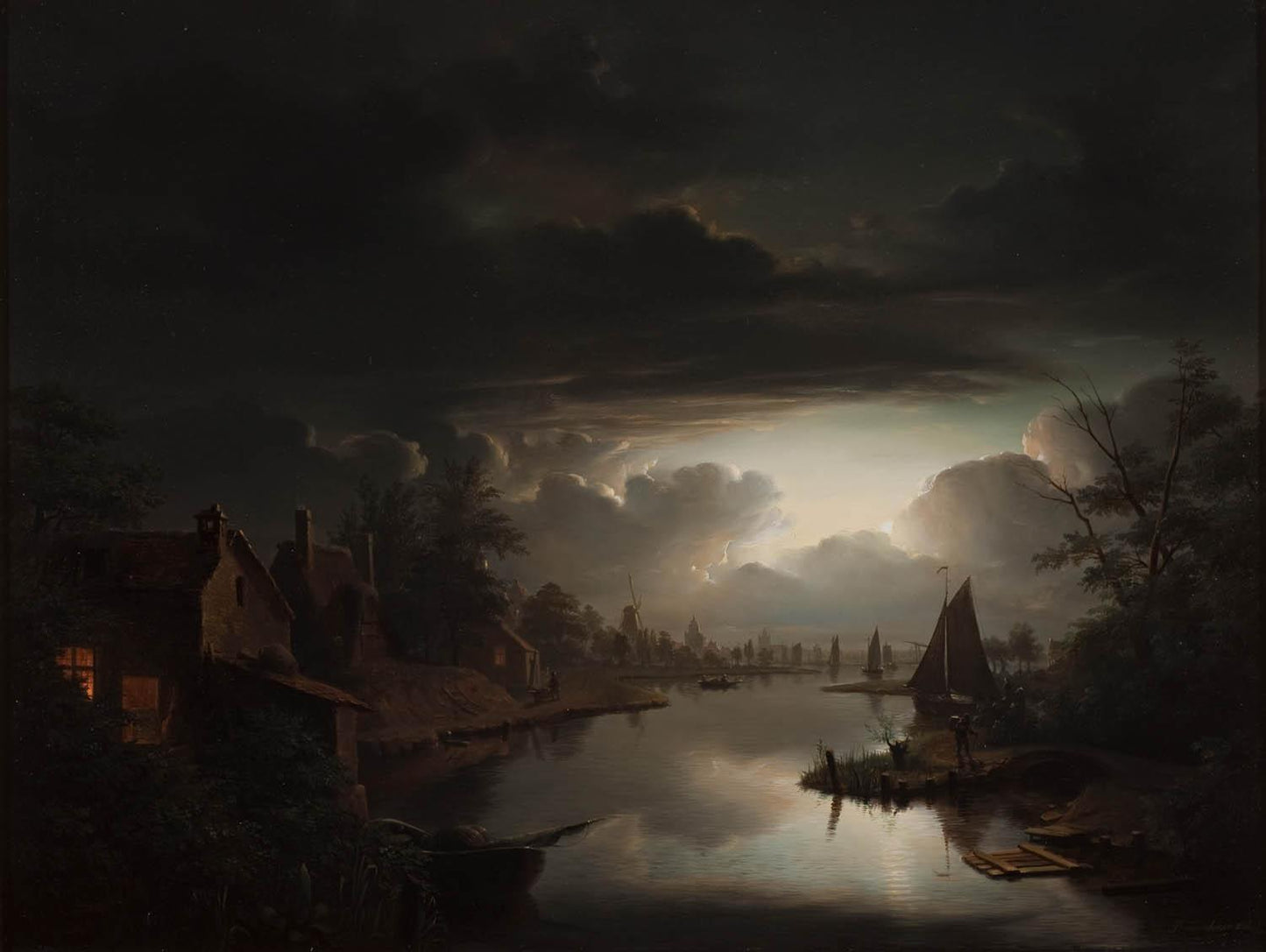 River Landscape in the Silver Moonlight, vintage artwork by Petrus van Schendel, A3 (16x12") Poster Print